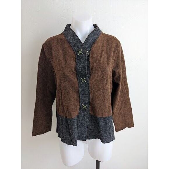 Habitat Size Medium Button Up Jacket Shacket Brown Grey V Neck Long Sleeves - Picture 2 of 5